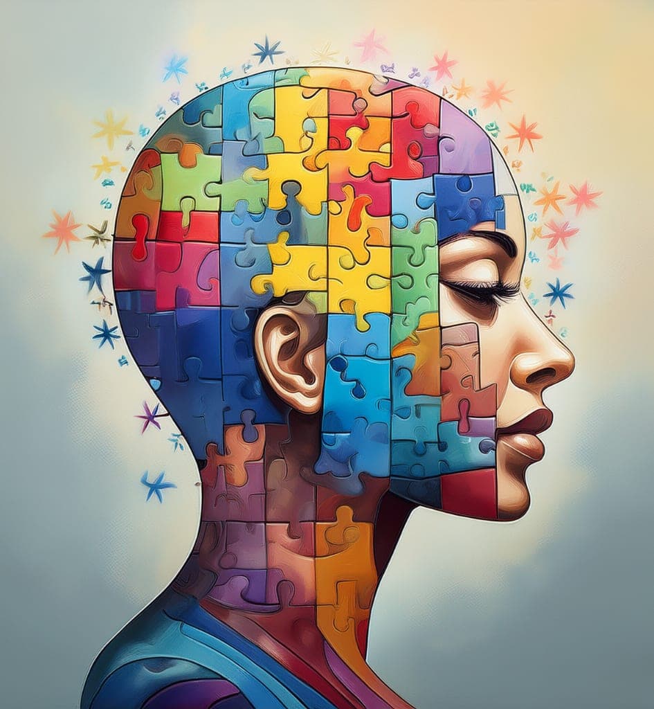 An illustrated profile assembled from interlocking puzzle pieces