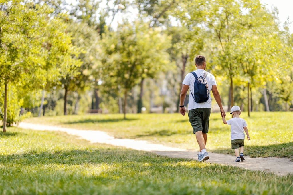 An adult and a small child walking a sunlit park path together