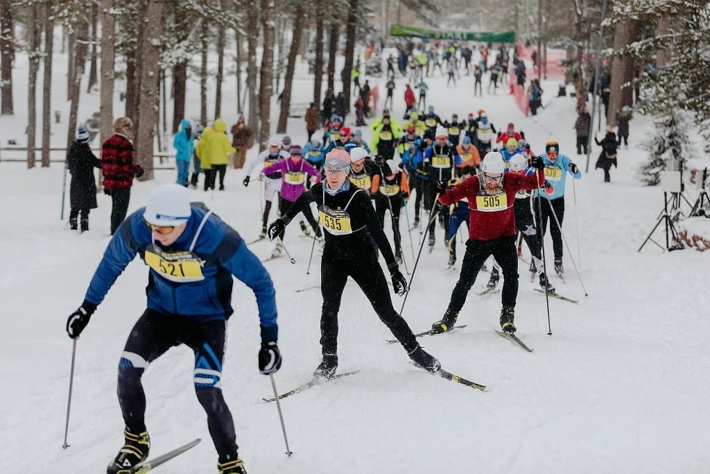 A mass-start citizens' race rolling through a snowy forest